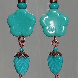 Turquoise Glass Flower & Leaf Copper Earrings Boho